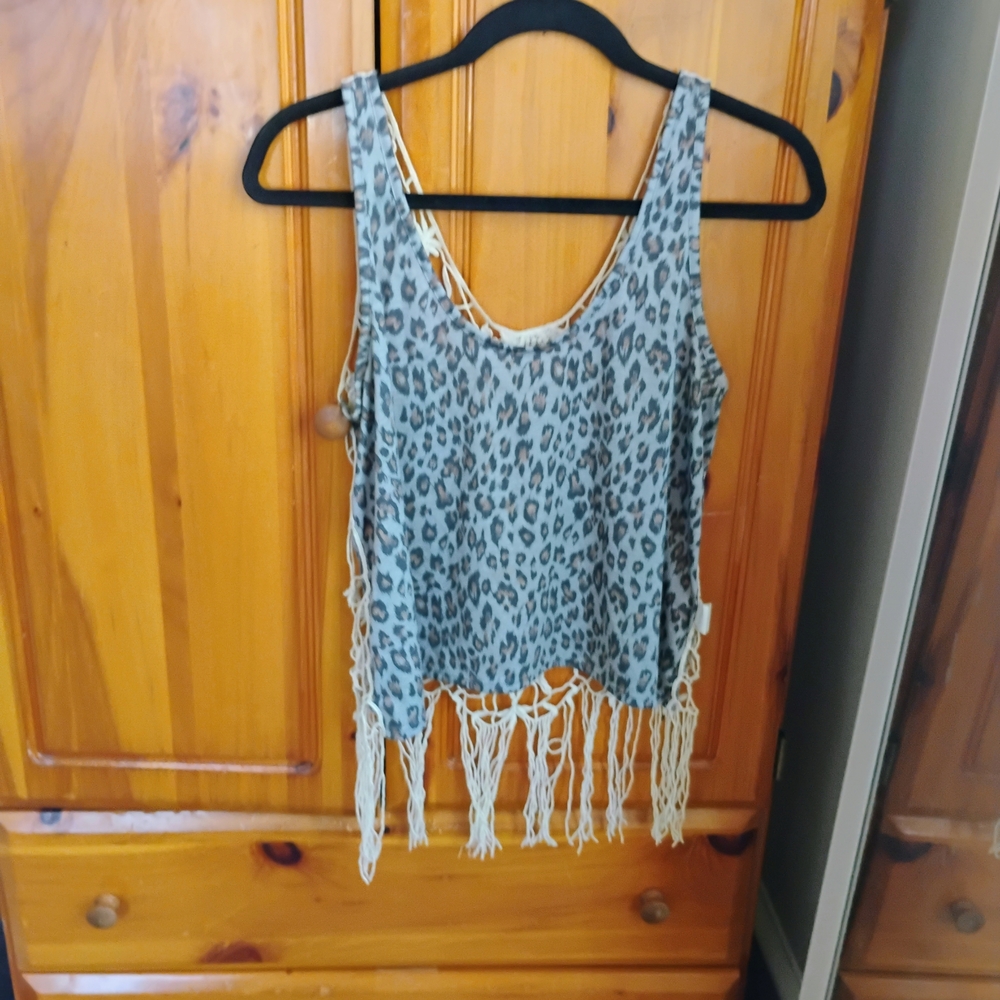 Sleeveless Leopard Print Fringe Tank Top - Gray